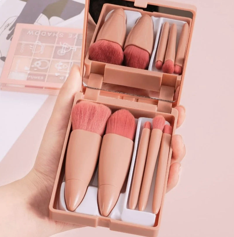 Kit 5 Pincéis de Maquiagem com Espelho – Mini Pincéis para Pó, Olhos, Blush e Sobrancelha