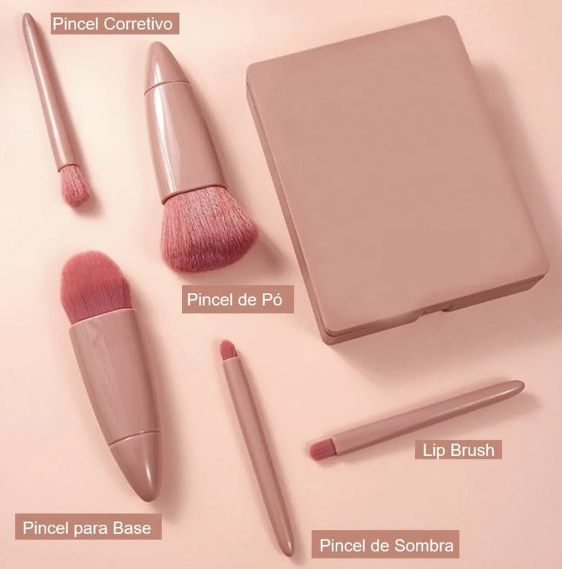 Kit 5 Pincéis de Maquiagem com Espelho – Mini Pincéis para Pó, Olhos, Blush e Sobrancelha