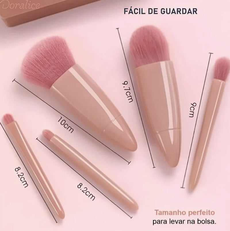 Kit 5 Pincéis de Maquiagem com Espelho – Mini Pincéis para Pó, Olhos, Blush e Sobrancelha