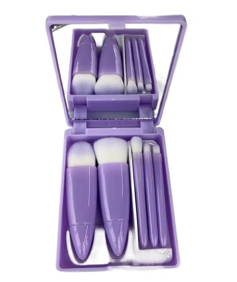 Kit 5 Pincéis de Maquiagem com Espelho – Mini Pincéis para Pó, Olhos, Blush e Sobrancelha
