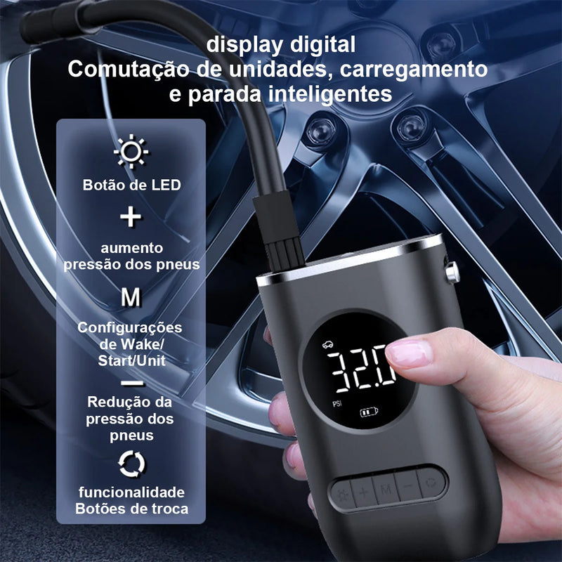 Bomba de Ar Portátil Mini - Elétrica com indicação digital sem fio do pneu