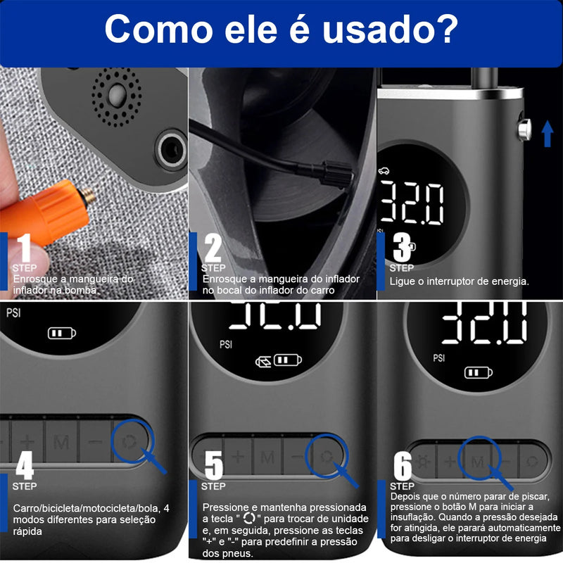 Bomba de Ar Portátil Mini - Elétrica com indicação digital sem fio do pneu