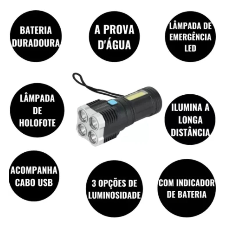 Lanterna Led Potente multi-funções 5 em 1 - Ultra Brilhante Com Uso Externo De Longo Alcance-Recarregável Usb Portátil