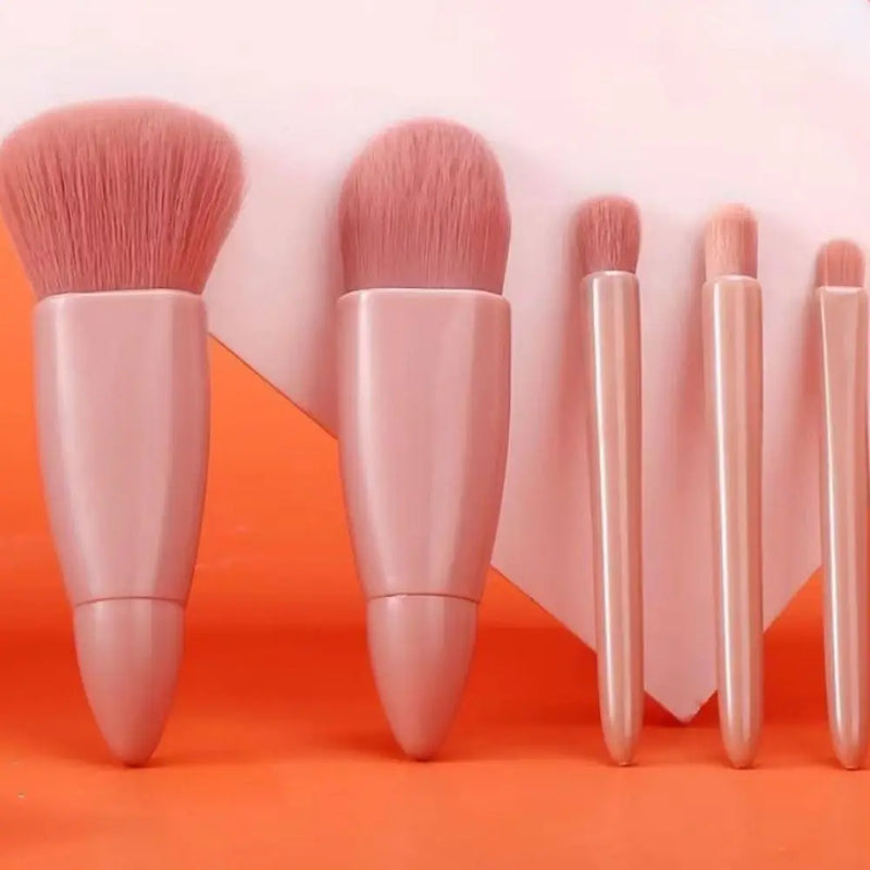 Kit 5 Pincéis de Maquiagem com Espelho – Mini Pincéis para Pó, Olhos, Blush e Sobrancelha