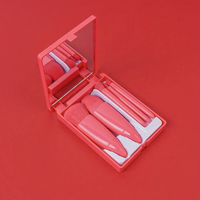 Kit 5 Pincéis de Maquiagem com Espelho – Mini Pincéis para Pó, Olhos, Blush e Sobrancelha