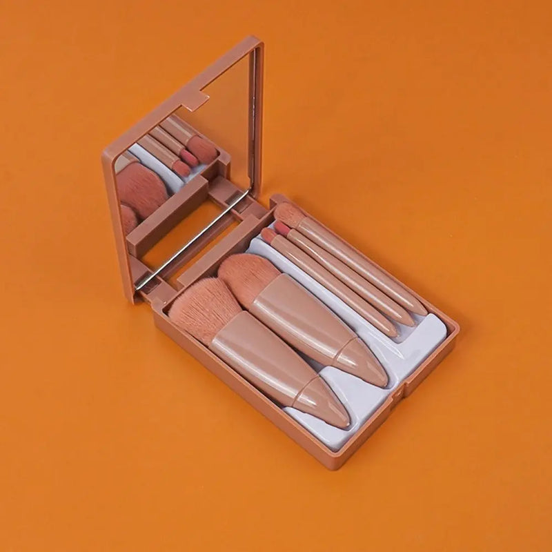 Kit 5 Pincéis de Maquiagem com Espelho – Mini Pincéis para Pó, Olhos, Blush e Sobrancelha