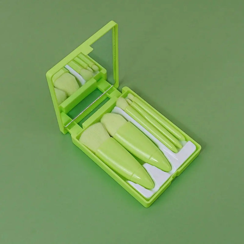 Kit 5 Pincéis de Maquiagem com Espelho – Mini Pincéis para Pó, Olhos, Blush e Sobrancelha