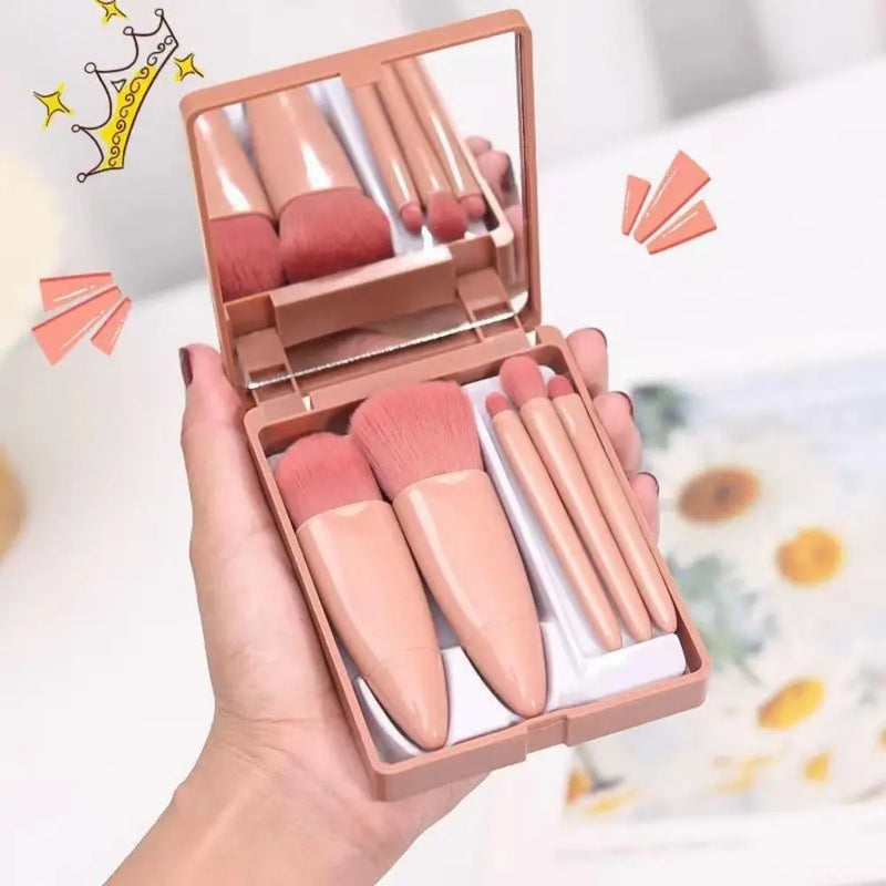 Kit 5 Pincéis de Maquiagem com Espelho – Mini Pincéis para Pó, Olhos, Blush e Sobrancelha