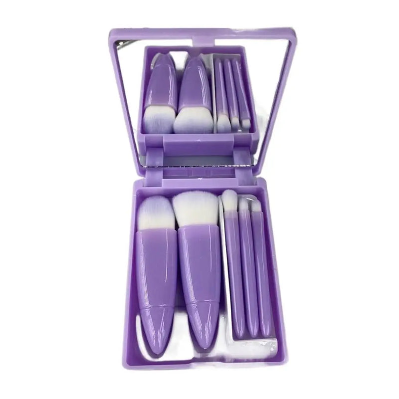 Kit 5 Pincéis de Maquiagem com Espelho – Mini Pincéis para Pó, Olhos, Blush e Sobrancelha